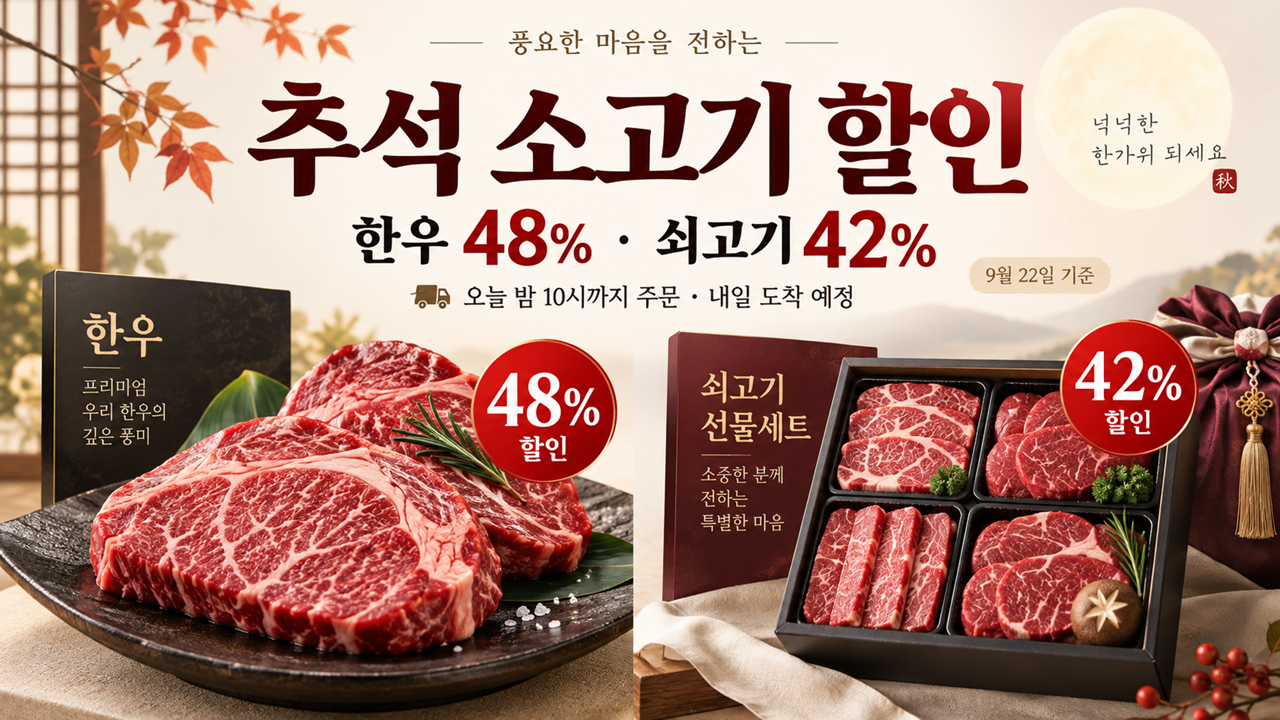 추석 소고기 할인 대표이미지로 한우 48% 할인과 쇠고기 42% 할인, 오늘 밤 10시까지 주문 시 내일 도착 예정 안내가 담긴 배너
